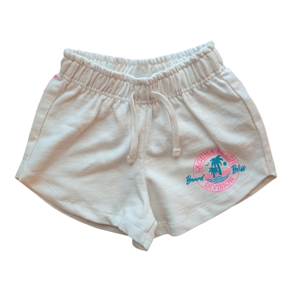 NWOT Zara Girls White Athletic Drawstring Shorts with Pink & Teal Logo Size 6-7